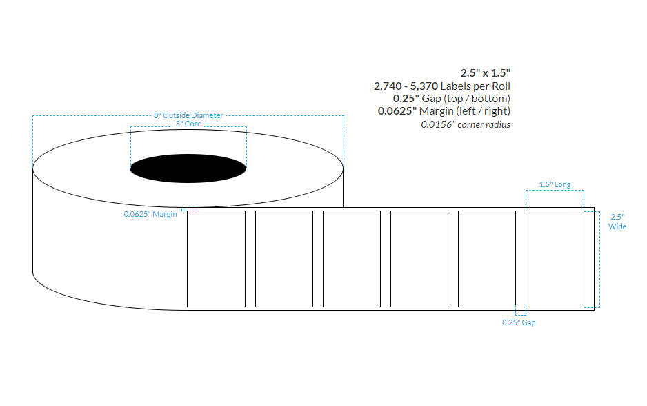 [101393-3X8-HGB-141-1000000] 2.5" X 1.5" High Gloss White Polypropylene BOPP {Square Corners} Roll Labels (3" Core/8" OD)