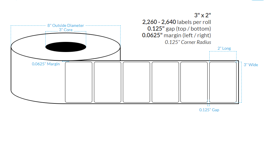 [100907-3X8-RMWB-182-1000000] 3" X 2" Removable Matte White Polypropylene BOPP {Rounded Corners} Roll Labels  (3"Core/8"OD)