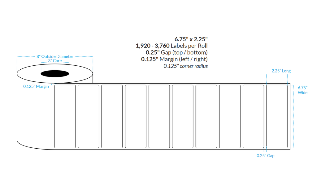 [101932-3X8-HGB-115-1000000] 6.75" X 2.25" HIGH GLOSS WHITE BOPP Polypropylene {ROUNDED CORNERS} Roll Labels  (3"CORE/8"OD)