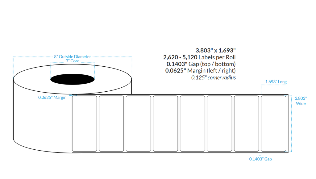 [100277-3X8-SaB-184-1000000] 3.803" x 1.693" SATIN Polypropylene BOPP {ROUNDED CORNERS} Roll Labels (3"CORE/8"OD)