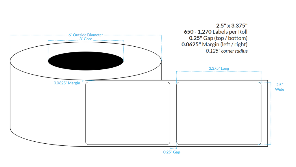 [101476-3X6-SaB-184-1000000] 2.5" x 3.375" SATIN Polypropylene BOPP {ROUNDED CORNERS} Roll Labels (3"CORE/6"OD)