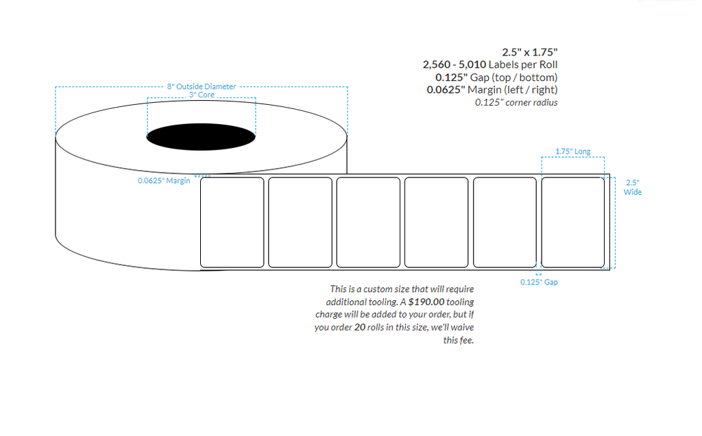 [000000-3X8-HGB-182-1000000] 2.5" X 1.75" High Gloss White Polypropylene BOPP {Rounded Corners} Roll Labels (3"Core/8"OD)