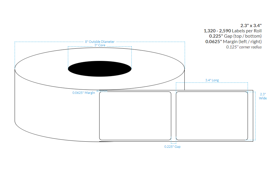 [103307-3X8-HGB-129-1000000] 2.3" X 3.4" High Gloss White Polypropylene BOPP {Rounded Corners} Roll Labels  (3"Core/8"OD)