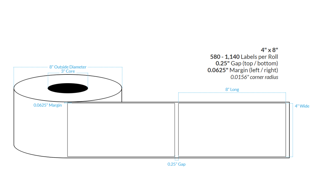 [100403-3X8-HGB-129-1000000] 4" X 8" High Gloss White Poly BOPP {Rectangle/Square Corners} Label Roll (3"Core/8"OD)