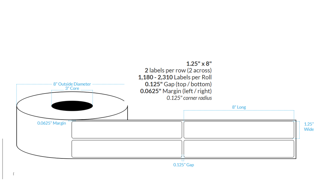 [100628-3X8-MW-129-2000000] 1.25" x 8" MATTE WHITE Polypropylene BOPP {ROUNDED CORNERS} Roll Labels  (3"CORE/8"OD)