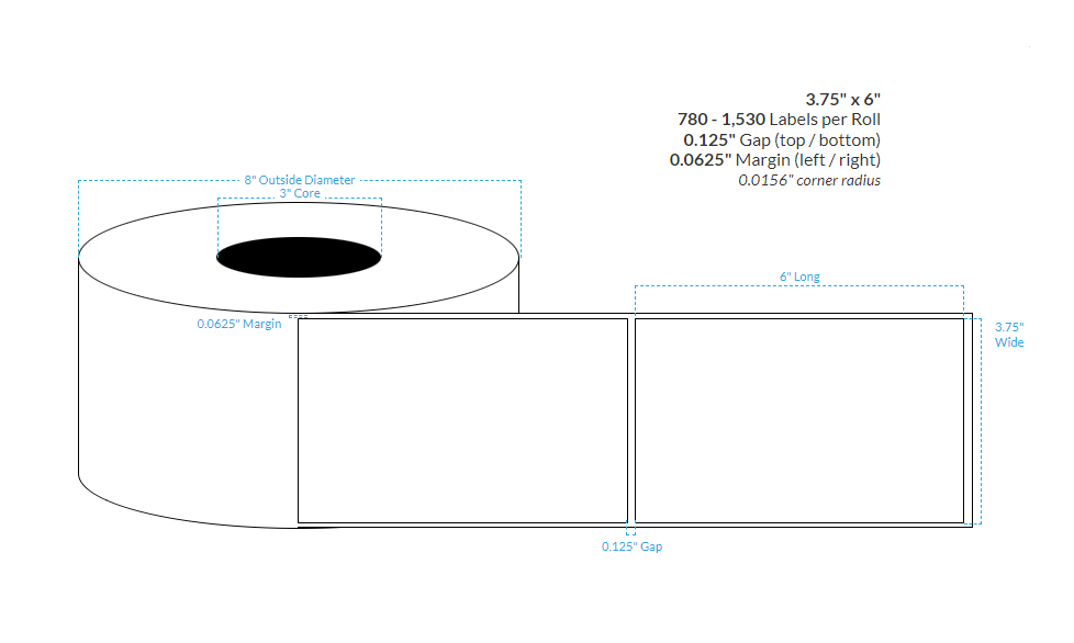 3.75" X 6" Matte Kimdura {Square Corners} Roll Labels  (3"Core/8"OD)