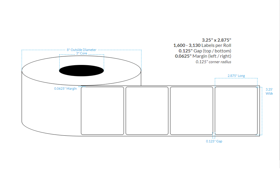 3.25" X 2.875" High Gloss White Paper {Rounded Corners} Roll Labels (3"Core/8"OD)