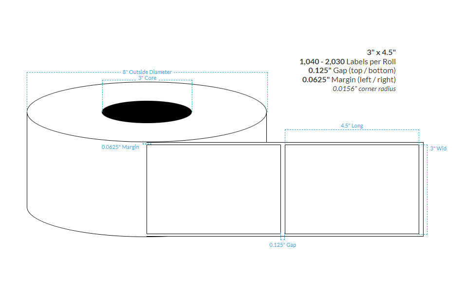 [104544-3X8-HGB-181-1000000] 3" X 4.5" High Gloss White Polypropylene (BOPP) {Square Corners} Roll Labels (3"Core/8"OD)