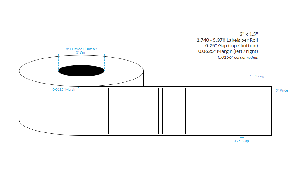 3" x 1.5" HIGH GLOSS WHITE PAPER {SQUARE CORNERS} Roll Labels (3" Core/8" OD)