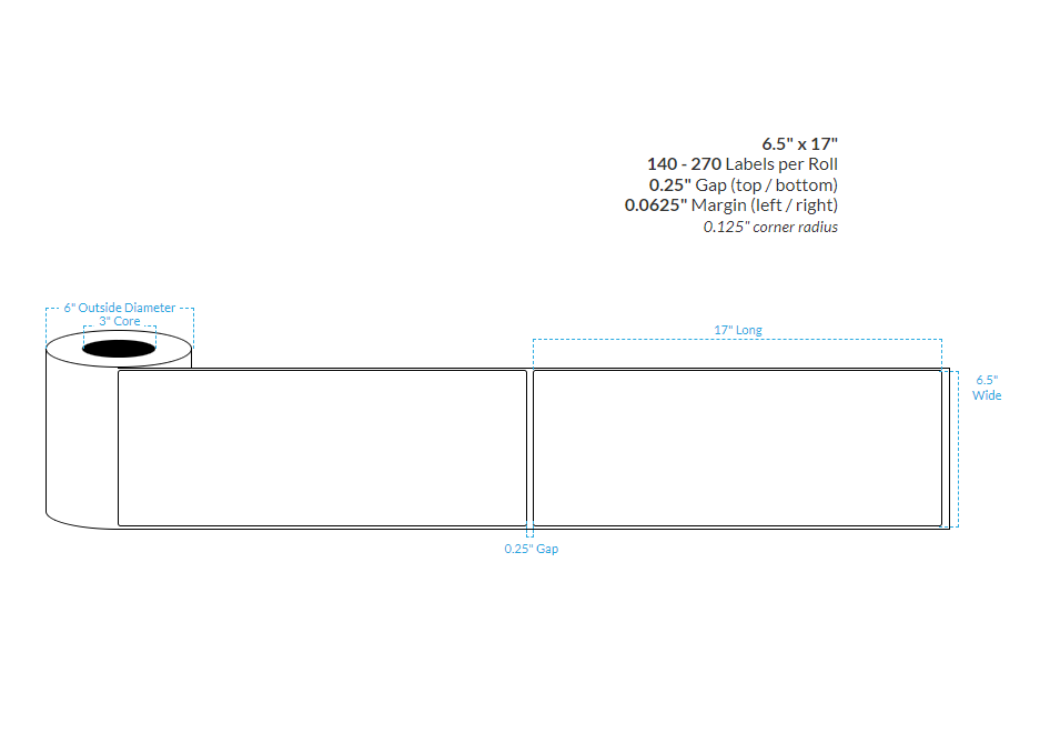 [100997-3X6-SGWP-151-1100000] 6.5" x 17" SEMI GLOSS WHITE PAPER {ROUNDED CORNERS/MATRIX OFF/TIMING MARKS} Roll Labels (3"CORE/8"OD)