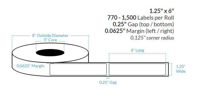 [100354-3X8-SaB-161-1000000] 1.25" x 6" SATIN Polypropylene BOPP {ROUNDED CORNERS} Roll Labels  (3"CORE/8"OD)