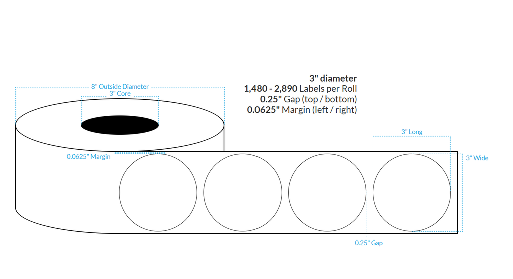 [100503-3X8-HGB-115-1110000] 3" High Gloss White Polypropylene BOPP {Circle} Roll Labels  (3"Core/8"OD)  Afinia L801 Specific