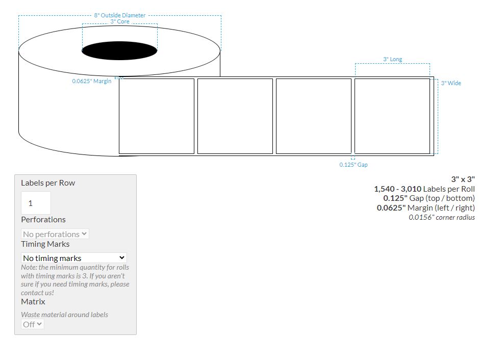 [103054-3X8-HGB-129-1000000] 3" x 3" HIGH GLOSS WHITE Polypropylene BOPP {SQUARE CORNERS} Roll Labels  (3"CORE/8"OD)