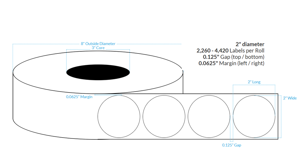 [100567-3X8-HGB-129-1110000] 2" High Gloss White Polypropylene BOPP {Circle} Roll Labels W/Timing Marks (3"Core/8"OD)