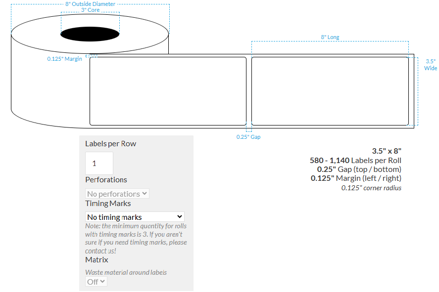 3.5" x 8" HIGH GLOSS WHITE Polypropylene BOPP {SQUARE CORNERS} Roll Labels  (3"CORE/8"OD)