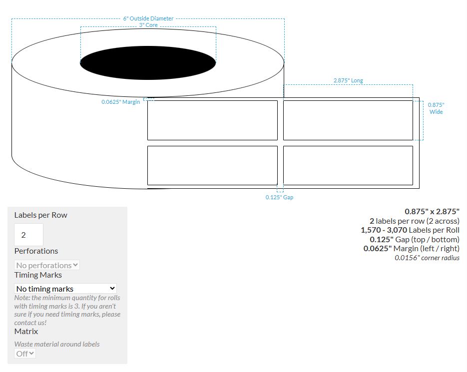 0.875" X 2.875" Smooth Silver Holographic {Square Corners} Roll Labels (3"Core/6"OD)