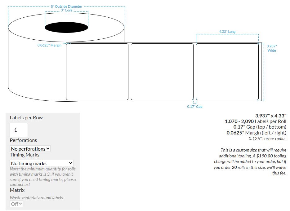 3.937" x 4.33" MATTE WHITE Polypropylene BOPP {ROUND CORNERS} Roll Labels  (3"CORE/8"OD)