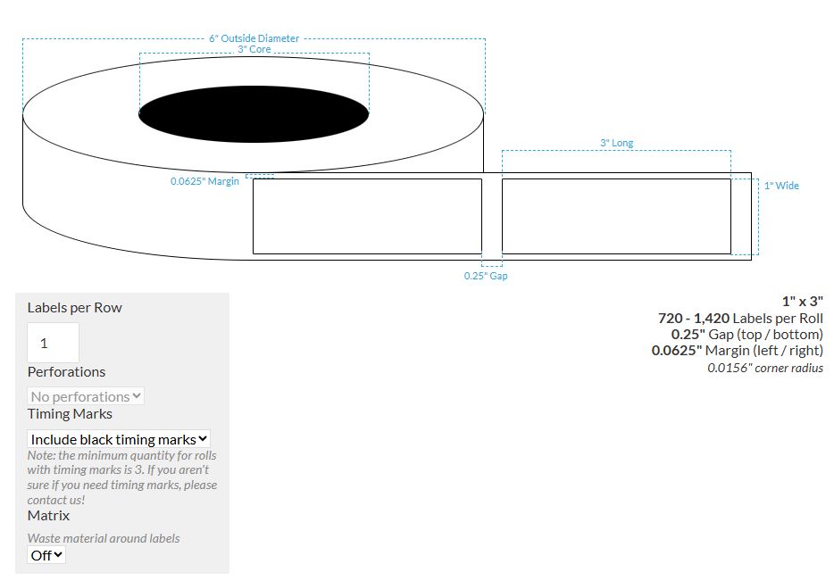 [100501-3X6-CB-151-1100000] 1" X 3" INKJET CLEAR Polypropylene BOPP {REC/SQUARE} Roll Labels  (3"CORE/8"OD)