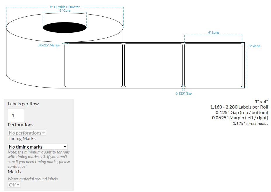 [100393-3X8-MWP-161-1000000] 3" X 4" MATTE WHITE PAPER {ROUND CORNERS} Roll Labels  (3"CORE/8"OD)