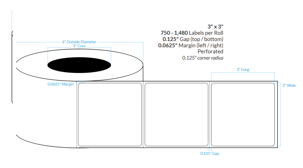 3" x 3"  Smooth Silver Holographic PERFORATED {ROUNDED CORNERS} Roll Labels  (3"CORE/6"OD)