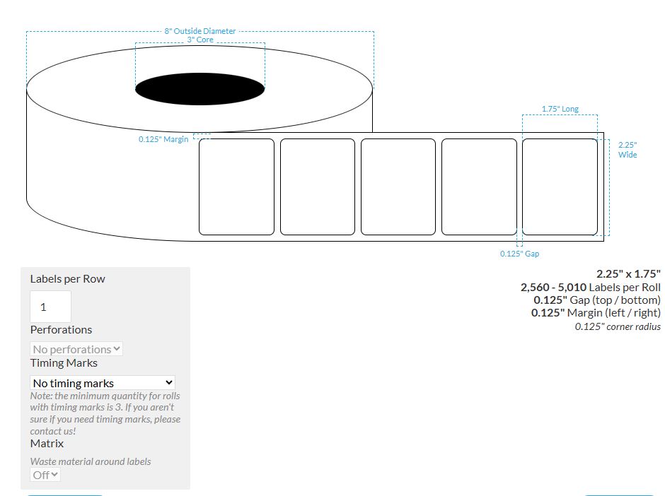 2.25" x 1.75" MATTE WHITE PAPER {ROUNDED CORNERS} Roll Labels  (3"CORE/8"OD)