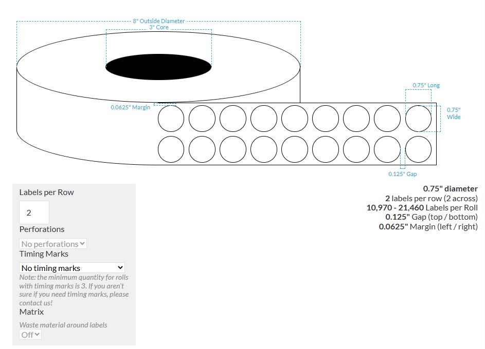 .75" MATTE WHITE PAPER {2-ACROSS CIRCLE} Roll Labels (3"CORE/8"OD)
