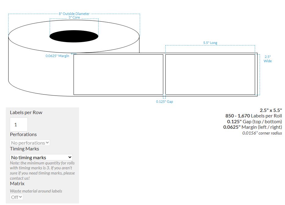 [102498-3X8-HGB-129-1000000] 2.5" X 5.5" High Gloss White Polypropylene BOPP {Rectangle} Roll Labels (3"Core/8"OD)