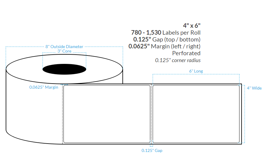 [101400-3X8-HGB-129-1000000] 4" X 6" High Gloss Whote Poly (BOPP) Perforated {Rounded Corners} Roll Labels  (3"Core/8"OD)