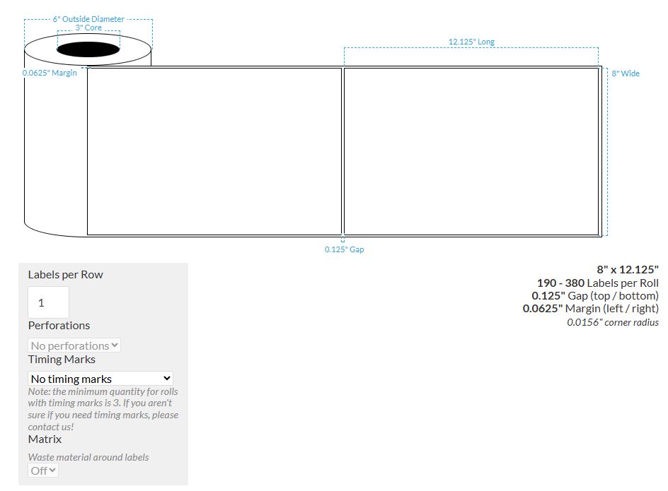 8" x 12.12 MATTE Polypropylene BOPP {SQUARE CORNERS} Roll Labels (3"CORE/6"OD)