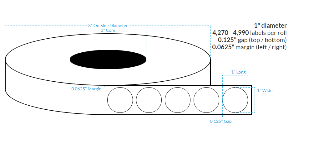 [100567-3X8-HGB-206-1000000] 2" High Gloss White Poly BOPP {Circle} Roll Labels (3"Core/8"OD)