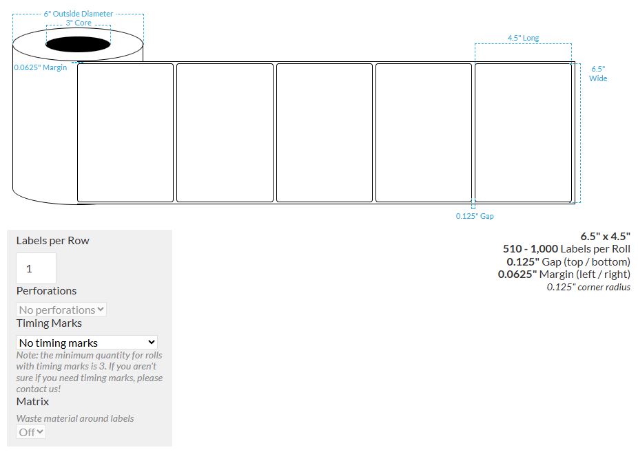 [103909-3X6-HGWP-177-1000000] 6.5" X 4.5" High Gloss White Paper {Round Corners} Roll Labels (3"Core/6"OD)