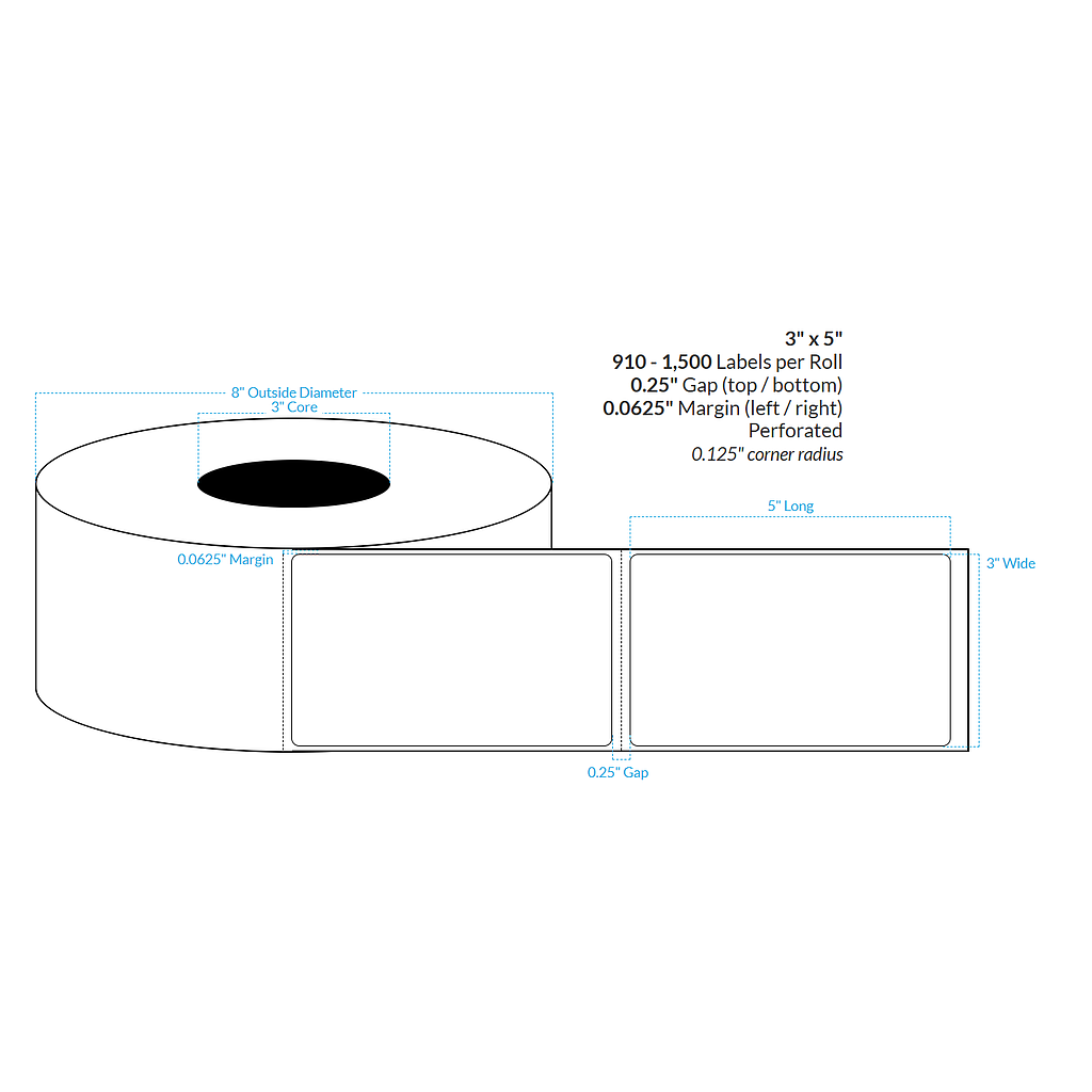 3" x 5" CANON LX-P5510 MATTE WHITE BOPP {ROUNDED CORNERS} Roll Labels  (3"CORE/8"OD)