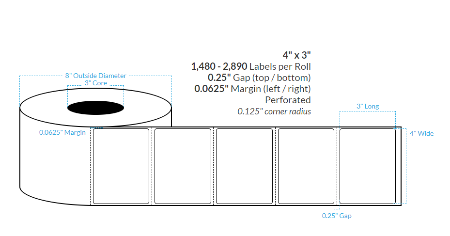 4" x 6" CANON LX-P5510 MATTE WHITE BOPP {ROUNDED CORNERS} PERFORATED Roll Labels  (3"CORE/8"OD)