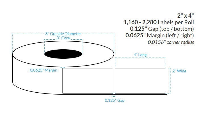 2" x 4" CANON LX-P5510 HIGH GLOSS WHITE BOPP {SQUARE CORNERS} Roll Labels  (3"CORE/8"OD)