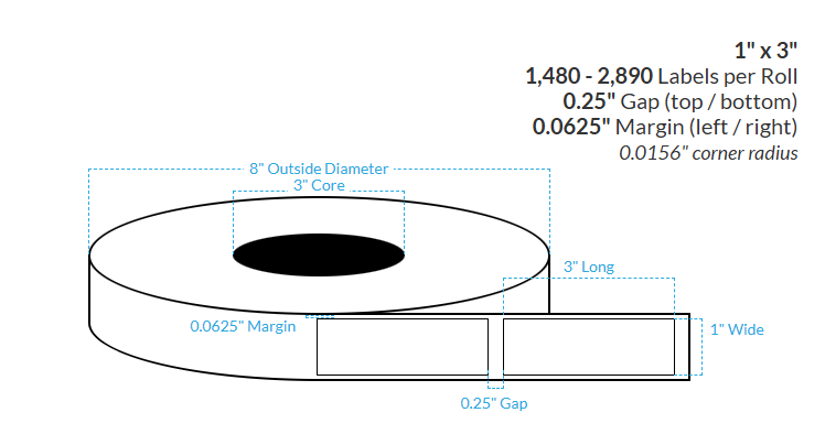 1" x 3" CANON LX-P5510 HIGH GLOSS WHITE BOPP {SQUARE CORNERS} Roll Labels  (3"CORE/8"OD)