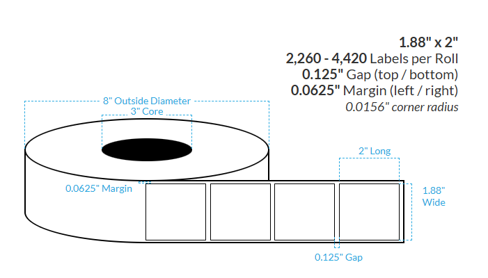 [104481-3X8-HGB-203-1000000] 1.88" X 2" Canon LX-P5510 High Gloss White BOPP {Square Corners} Roll Labels  (3"Core/8"OD)