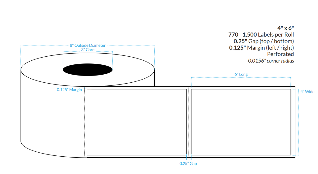 4" X 6" Matte White BOPP (BS5609 Certification) {Rectangle/Square Corners} Roll Labels PERFORATED (3"Core/8"OD)