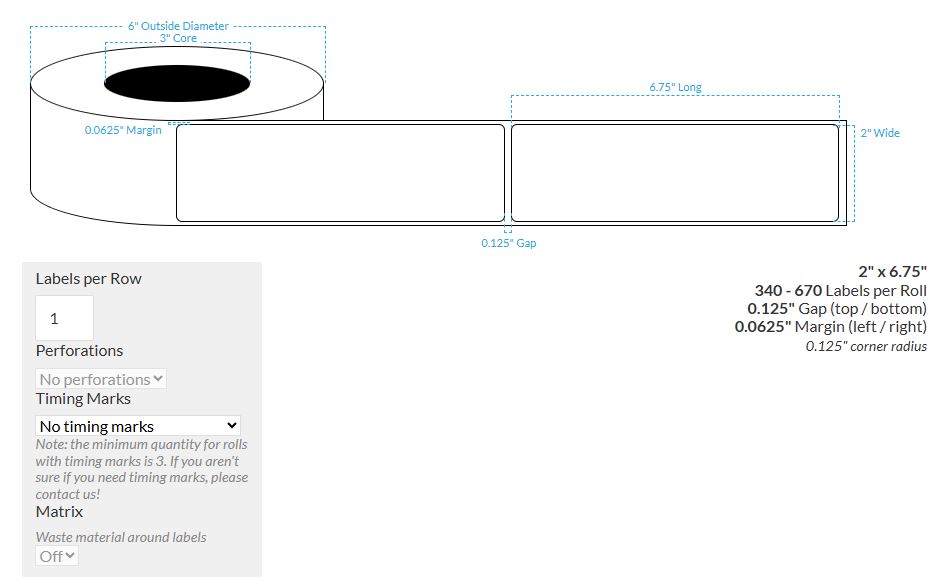 2" x 6.75" HIGH GLOSS WHITE PAPER {ROUNDED CORNERS} Roll Labels (3"CORE/6"OD)