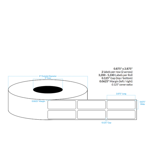 0.875" x 2.875" MATTE WHITE PAPER {2-ACROSS SQUARE CORNERS} Roll Labels (3"CORE/6"OD)