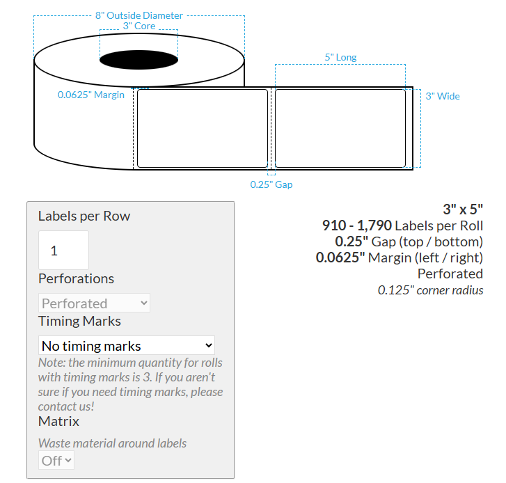 3" X 5" MATTE WHITE BOPP PERFORATED BS5609 CERTIFIED (BS5609 CERTIFICATION) {ROUNDED CORNERS} Blank Roll Labels  (3"CORE/8"OD)