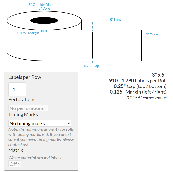 3" X 5" MATTE WHITE BOPP (BS5609 CERTIFICATION) {RECTANGLE/SQUARE CORNERS} Blank Roll Labels  (3"CORE/8"OD)