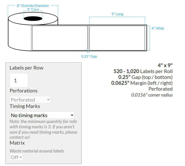 [105526-3X8-HGB-203-1000000] 4" X 9" Canon LX-P5510 High Gloss White BOPP {Rectangle/Square Corners} Perforated Roll Labels  (3"Core/8"OD)