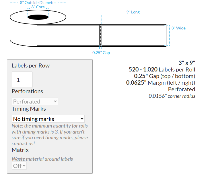 3" x 9" CANON LX-P5510 MATTE WHITE KIMDURA {RECTANGLE/SQUARE CORNERS} PERFORATED Roll Labels