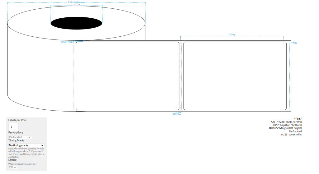 4" x 6" CANON LX-D5500 HIGH GLOSS WHITE BOPP {ROUNDED CORNERS} PERFORATED Roll Labels  (3"CORE/8"OD)