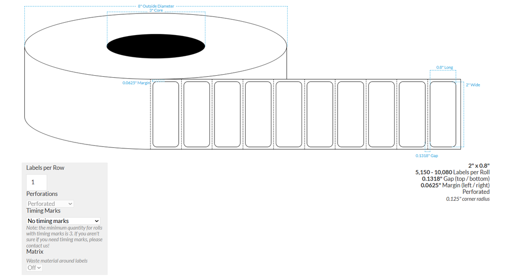 [102106-3X8-PHGWB-189-1000000] 2" x 0.8" CANON LX-D5500 PREMIUM HIGH GLOSS WHITE BOPP {ROUNDED CORNERS} PERFORATED Roll Labels  (3"CORE/8"OD)
