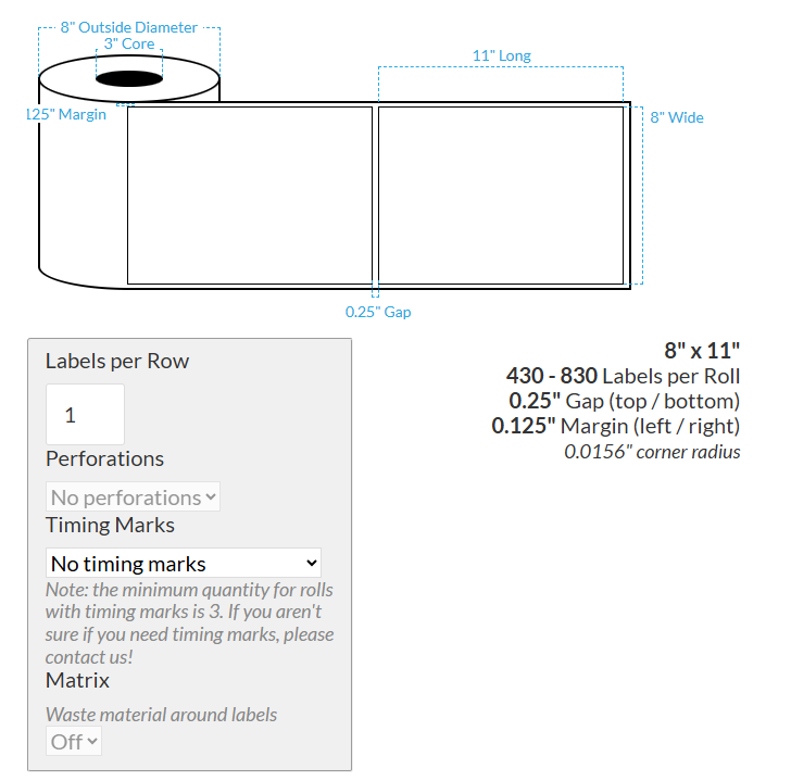 [103412-3X8-MWB-110-1000000] 8" x 11" VIPColor VP750 MATTE WHITE BOPP (RECTANGLE/SQUARE CORNERS) Roll Labels (3"CORE/8"OD)