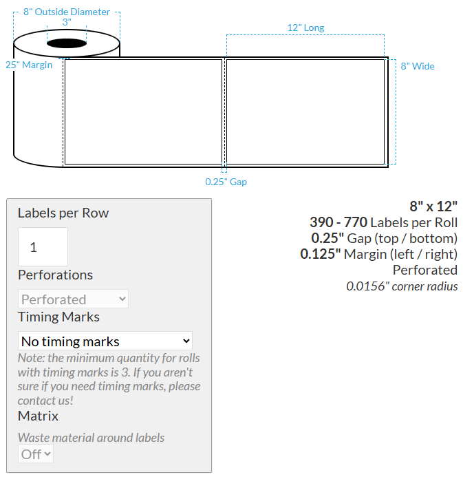 8" x 12" VIPColor VP750 MATTE WHITE BOPP (RECTANGLE/SQUARE CORNERS) PERFORATED Roll Labels (3"CORE/8"OD)
