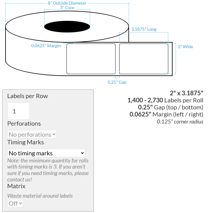 2" x 3.1875" VIPColor VP750 PREMIUM HIGH GLOSS WHITE BOPP (ROUNDED CORNERS) Roll Labels (3"CORE/8"OD)