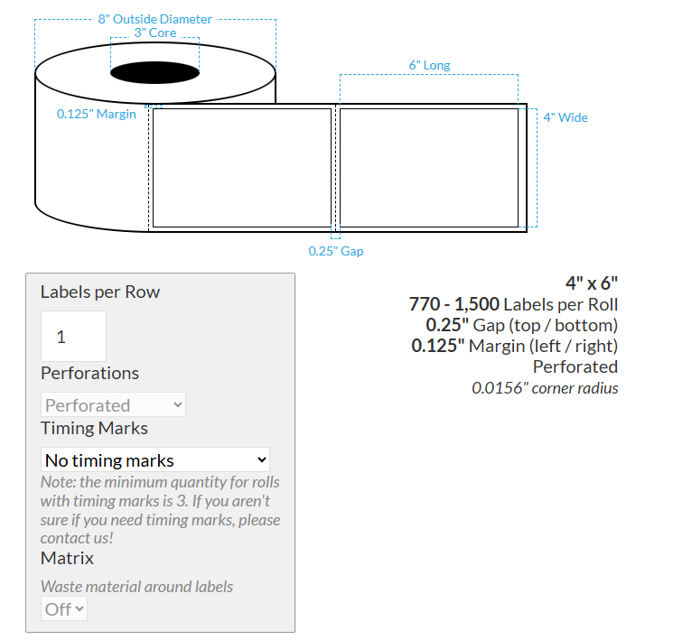 4" x 6" VIPColor VP660 HIGH GLOSS WHITE BOPP (RECTANGLE/SQUARE CORNERS) PERFORATED Roll Labels (3"CORE/8"OD)
