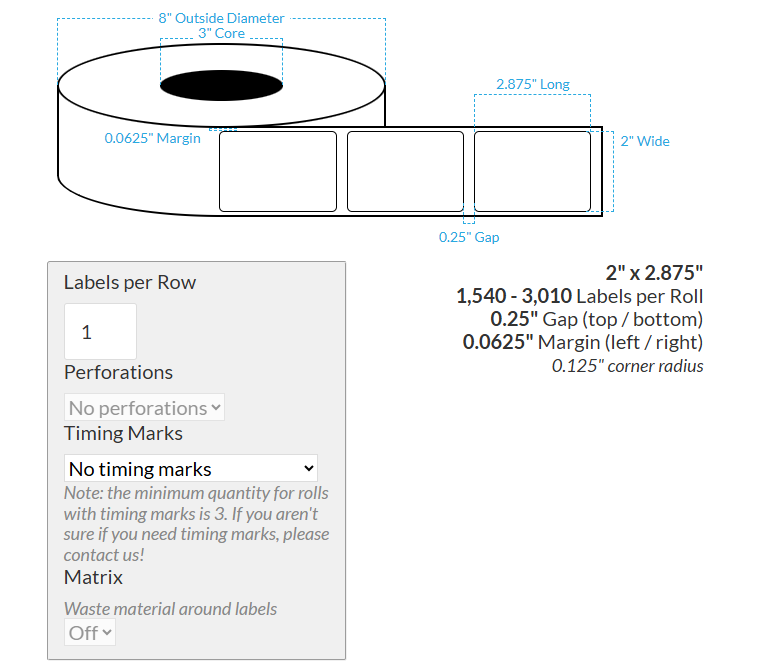 [100847-3X8-HGB-182-1000000] 2" X 2.875" VIPColor VP550 High Gloss White BOPP (Rounded Corners) Roll Labels (3"Core/8"OD)